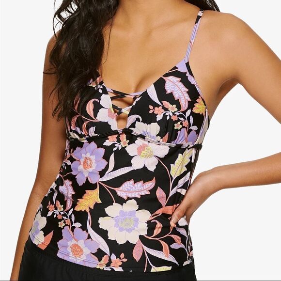 Hula Honey Black Multicolor Juniors Luna Floral Strappy Tankini Swim Top Med NWT - Picture 1 of 8